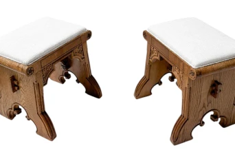 Arts & Crafts Hand-Carved Oak Stools with Boucle Upholstery, 1900s